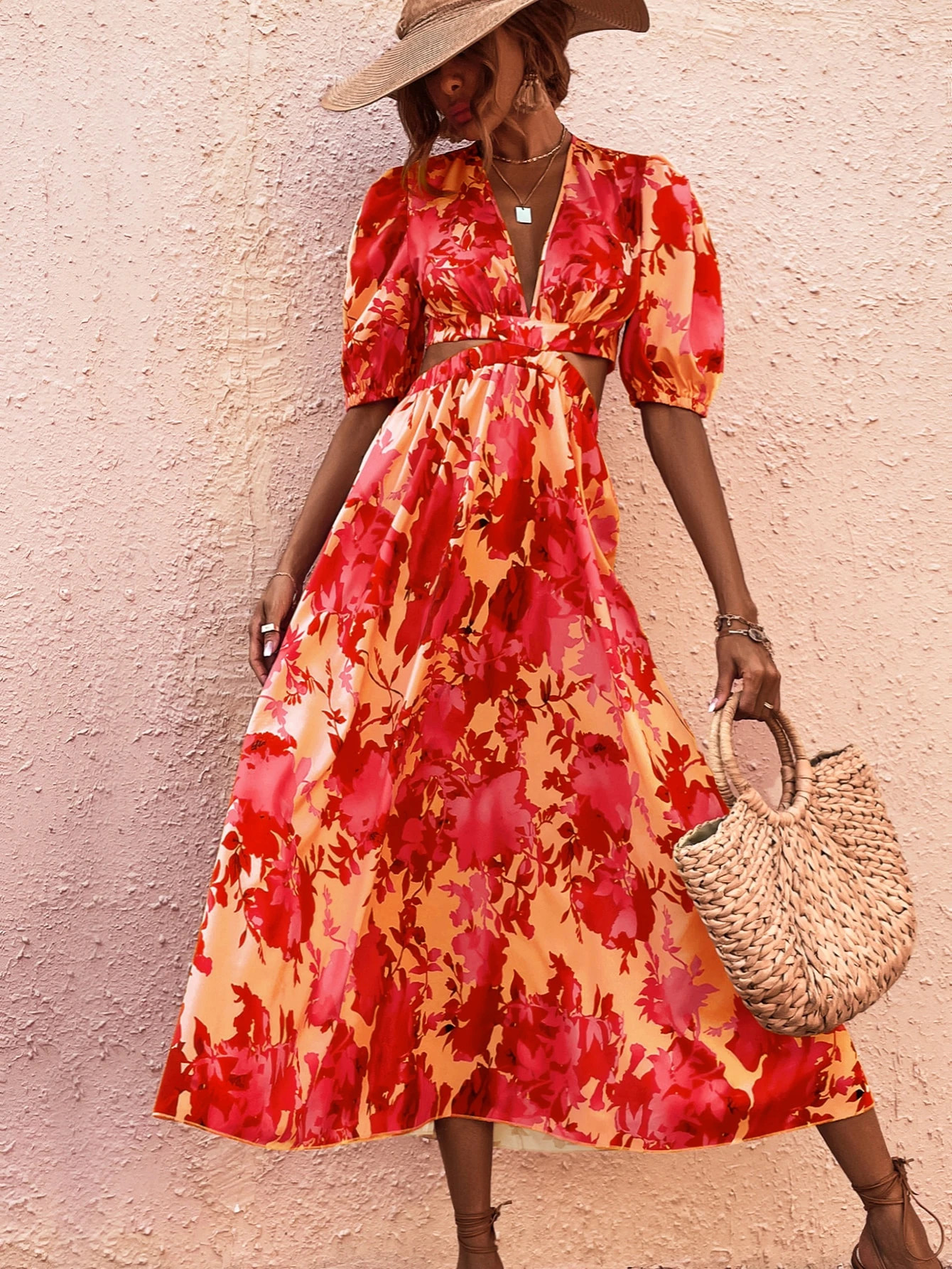 Allover Floral Print Cut Out Puff Sleeve Dress | SHEIN