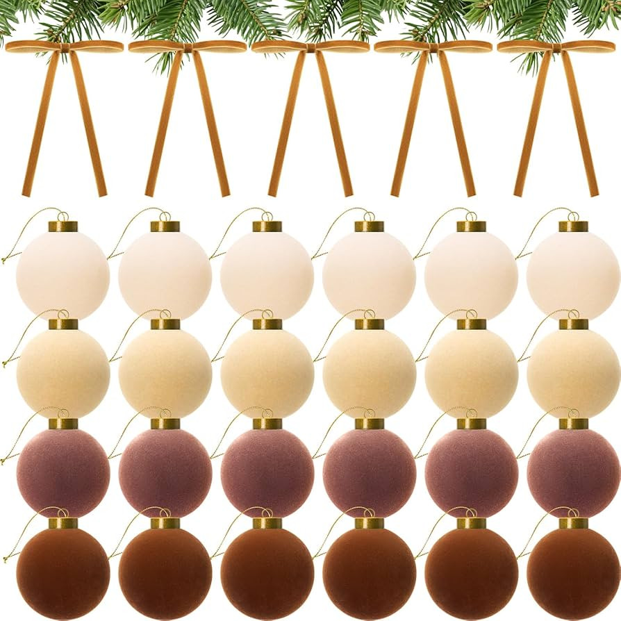 Liliful 24 Set 3.15 Inch Velvet Christmas Ball with Wreath Bow Flocked Christmas Ornaments 24 Vel... | Amazon (US)