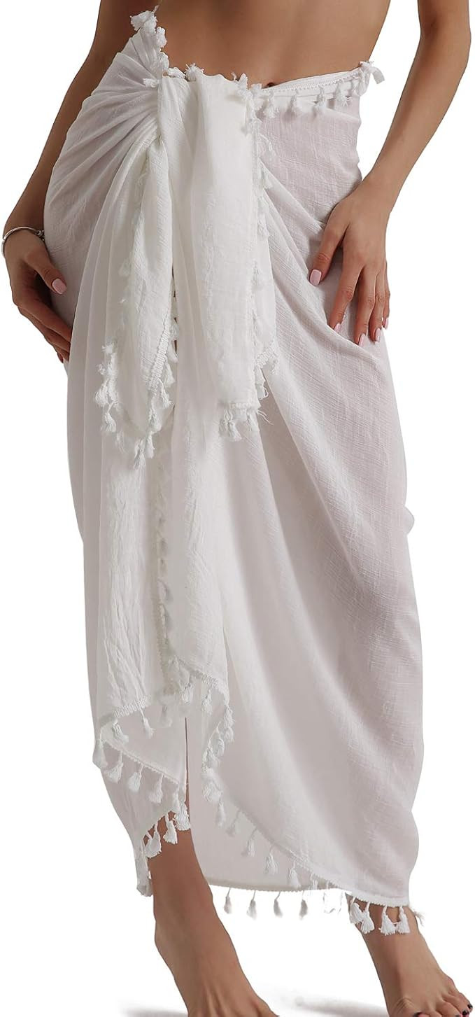 Eicolorte Beach Sarong Pareo Womens Semi-Sheer Swimwear Cover Ups Short Skirt with Tassels | Amazon (US)