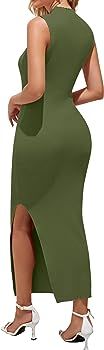 MEROKEETY Women's 2023 Sleeveless Mock Neck Knit Sweater Dress Ribbed Bodycon Slit Tank Maxi Dres... | Amazon (US)