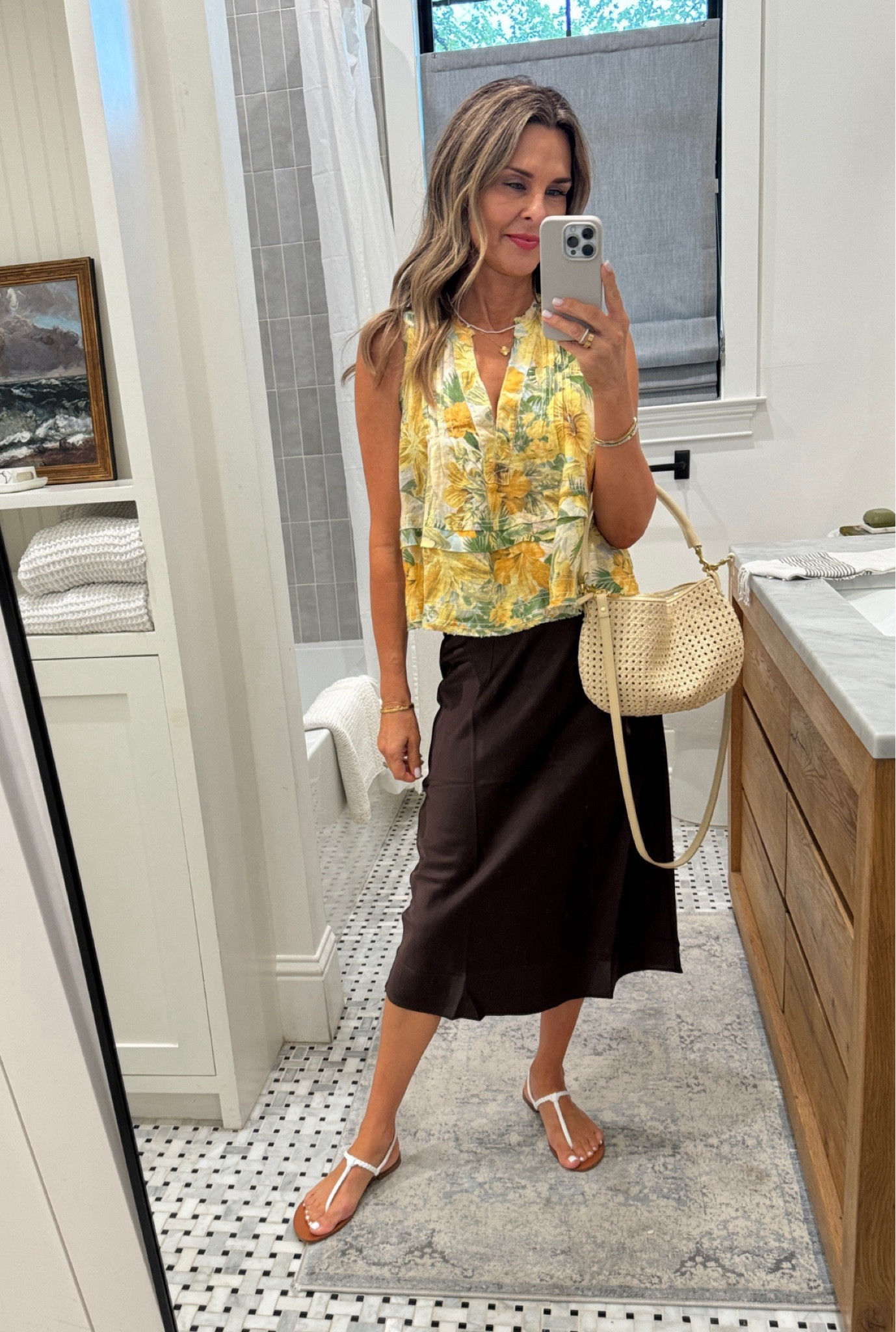 -Anthro linen blouse sz S so it’s longer and lower in the front . 
-Jcrew skirt sz XXS or XS 
-Claire V bag 

#LTKTravel #LTKOver40 #LTKStyleTip