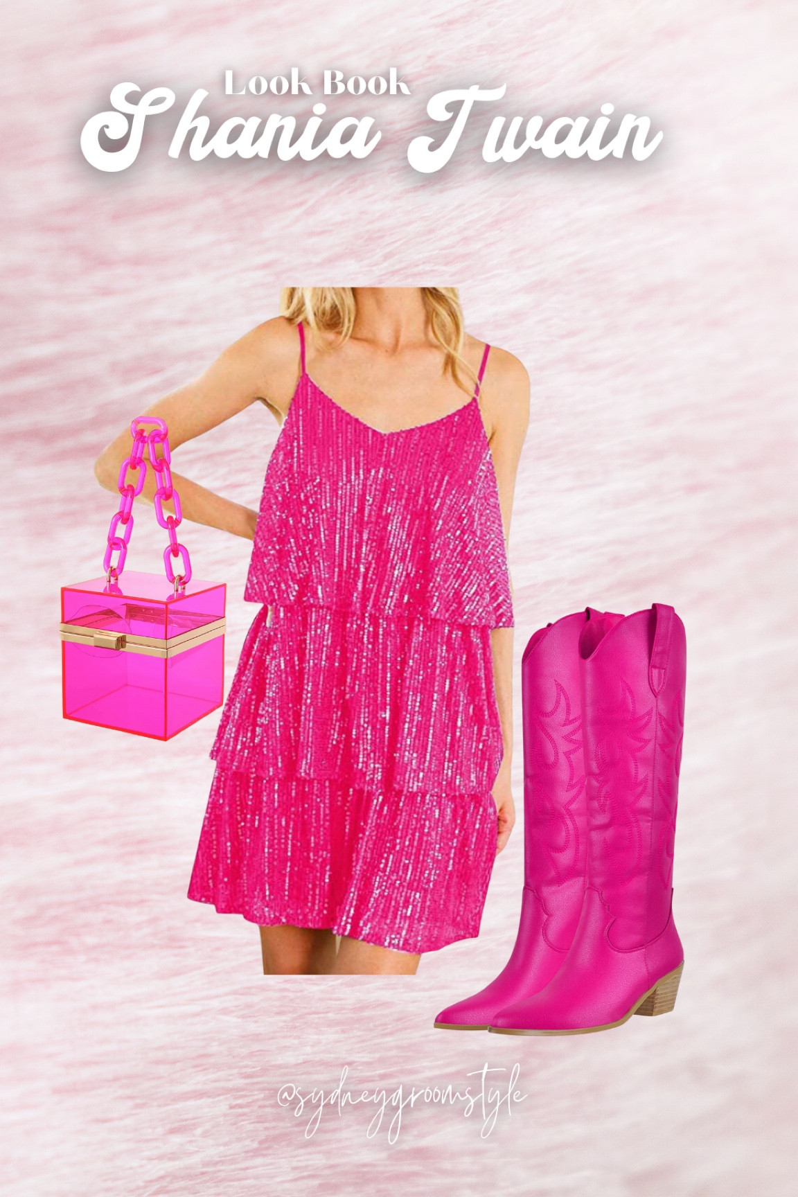 Shania Twain concert, outfit idea, Amazon style, western chic, hot pink bachelorette outfit, sequin dress clear stadium bag, hot pink cowboy boots