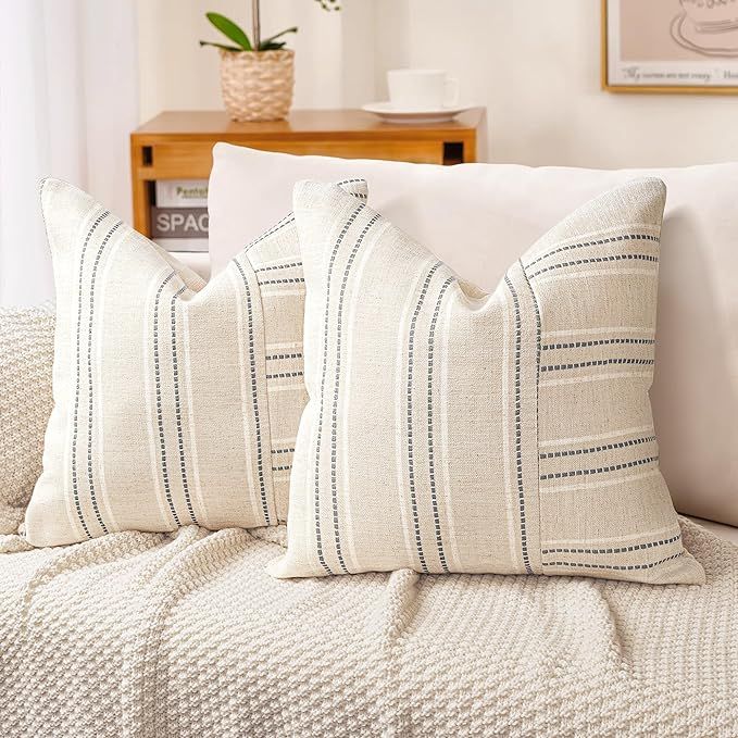 AELS 20x20 Decorative Farmhouse Linen Throw Pillow Covers, Boho Textured Pillow Case, Set of 2, B... | Amazon (US)