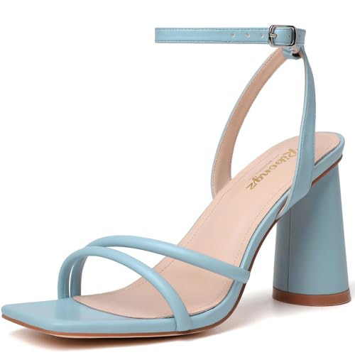 RIBONGZ Light Blue Strappy High Heels Block Heeled Sandals for Women Square Open Toe Ankle Strap Chunky Heels Wedding Party Bridal Dress Shoes 11 | Amazon (US)
