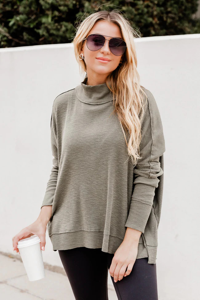 Know Me Well Olive Ribbed Mock Neck Blouse | Pink Lily