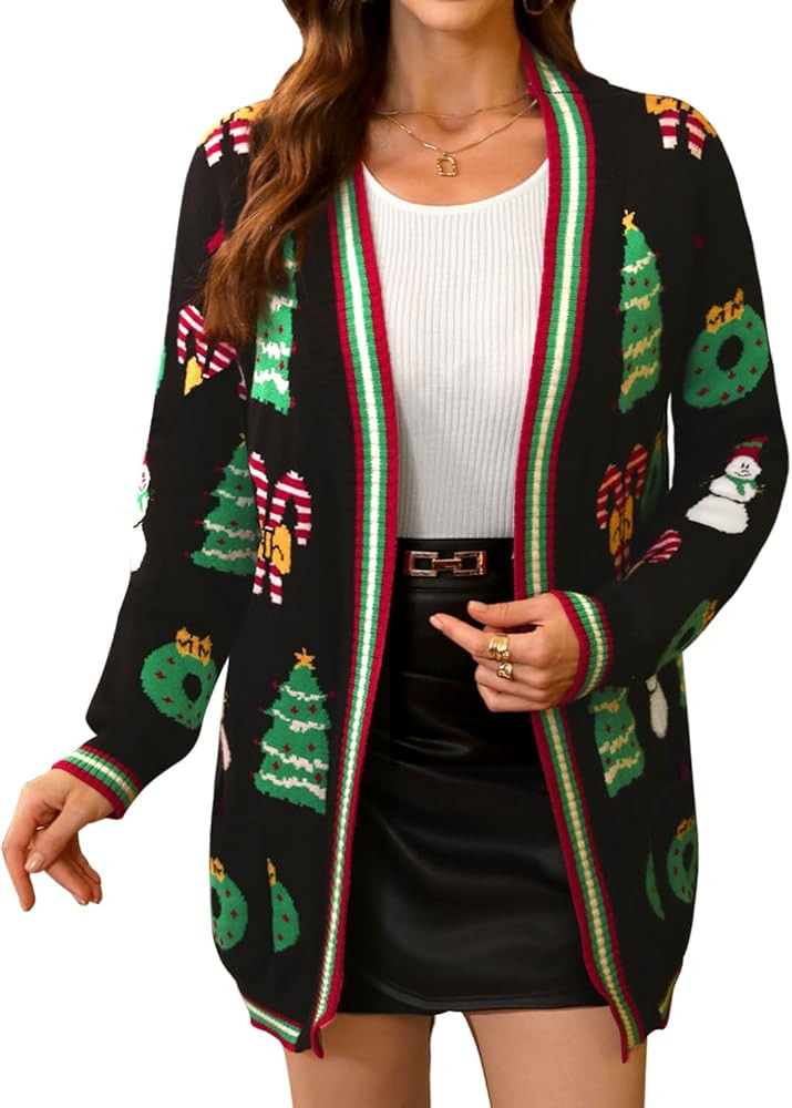 For G and PL Womens Ugly Christmas Sweater Funny Cute Open Front Cardigan with Pockets | Amazon (US)