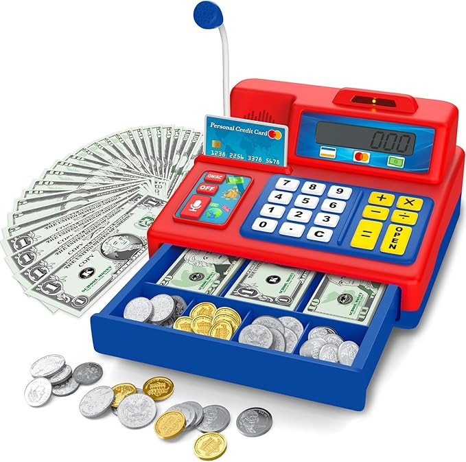Calculator Cash Register - 103 Pcs Toy Cash Register, Microphone, Credit Card and Banking for Kid... | Amazon (US)
