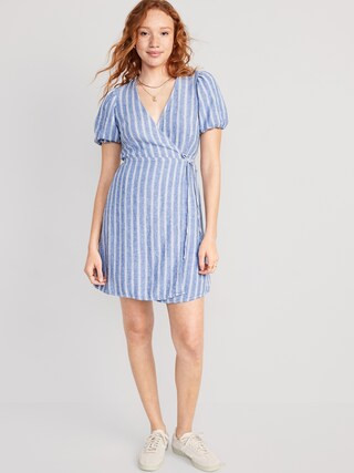 Striped Puff-Sleeve Mini Wrap Dress for Women | Old Navy (US)