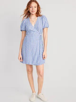 Striped Puff-Sleeve Mini Wrap Dress for Women | Old Navy (US)