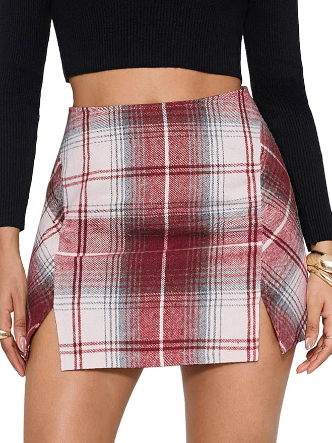 EXLURA Women's Fashion Faux Wool Mini Skirt High Waisted Y2K Trendy Side Slit Tweed Plaid Skirts ... | Amazon (US)