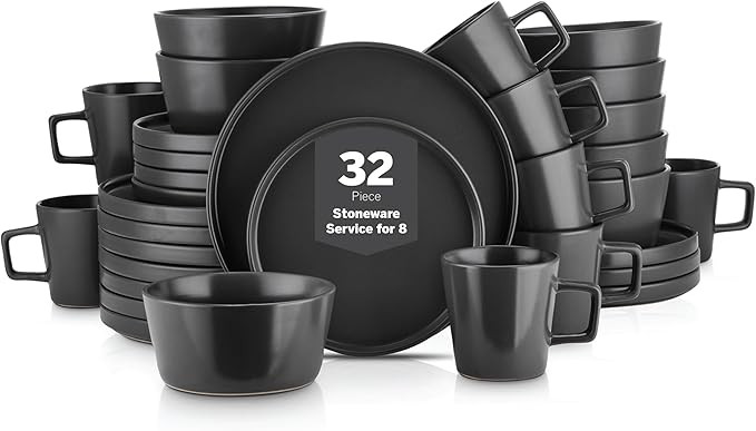 Stone Lain Celina Stoneware 32 Piece Dinnerware Set, Plates and Bowls, Black Matte Dish Collectio... | Amazon (US)