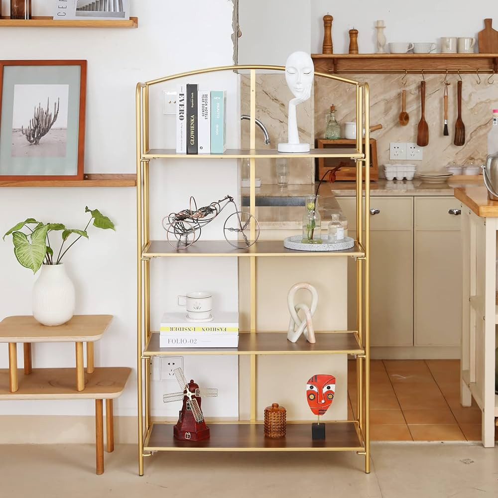 Crofy No Assembly Folding Bookshelf for Living Room, 4 Tier Gold Collapsible Book Shelf for Home ... | Amazon (US)