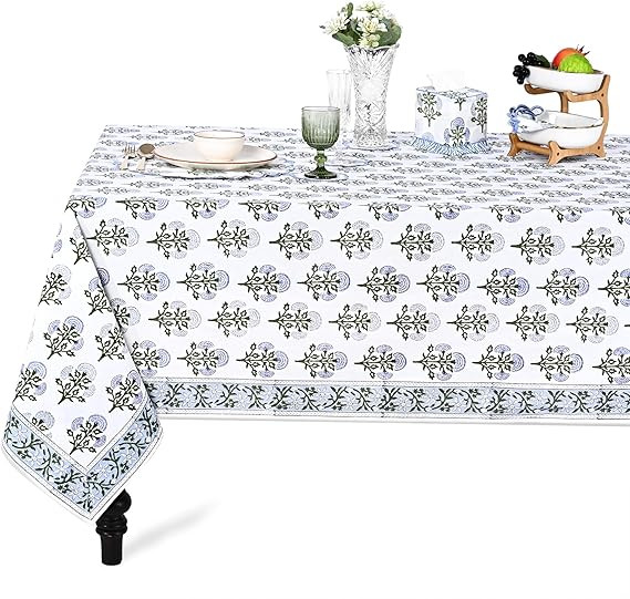 Ridhi Mughal Buta Blue Hand Block Print Cotton Rectangle Tablecloth 60" x 60" inches Reusable Tab... | Amazon (US)