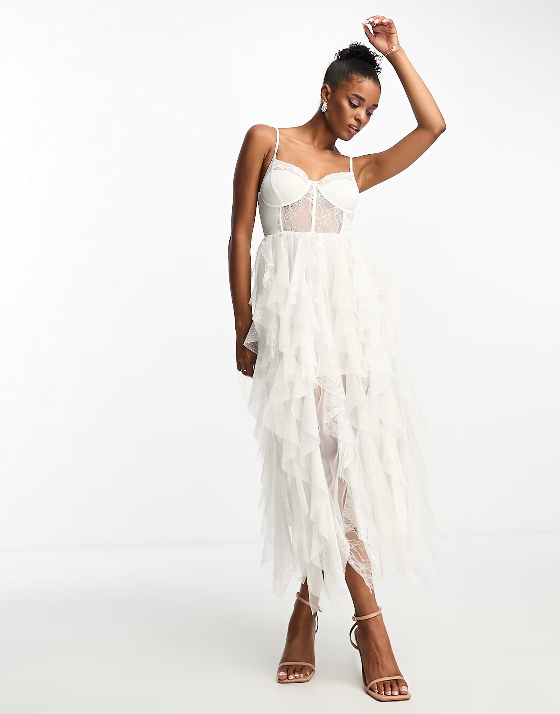 Miss Selfridge bandeau bridal lace detail frill maxi dress with detachable straps in cream | ASOS (Global)