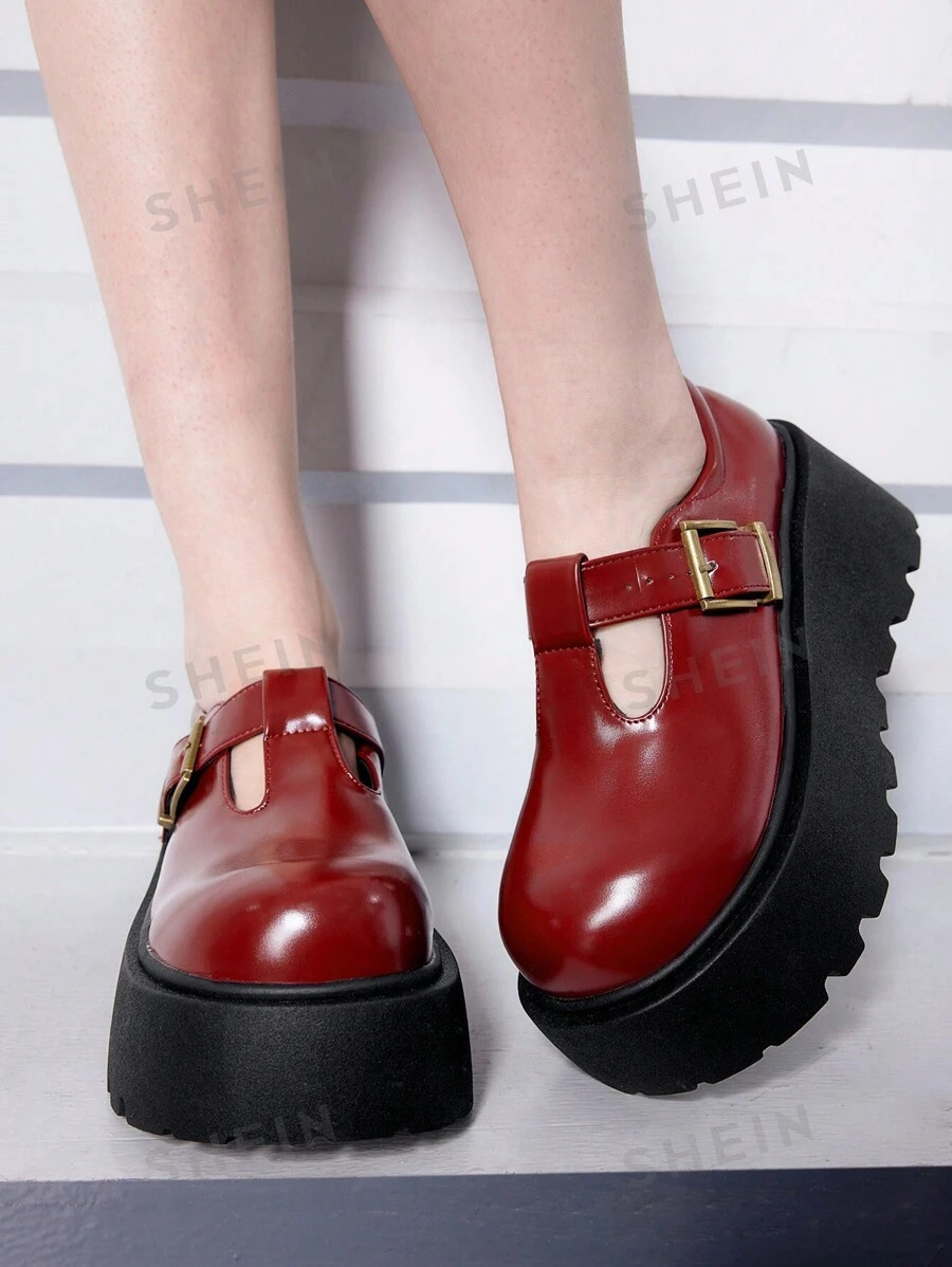 ROMWE Grunge Punk Women Mary Jane Shoes, Red Gothic Lolita College Style Buckle Strap Platform Ox... | SHEIN