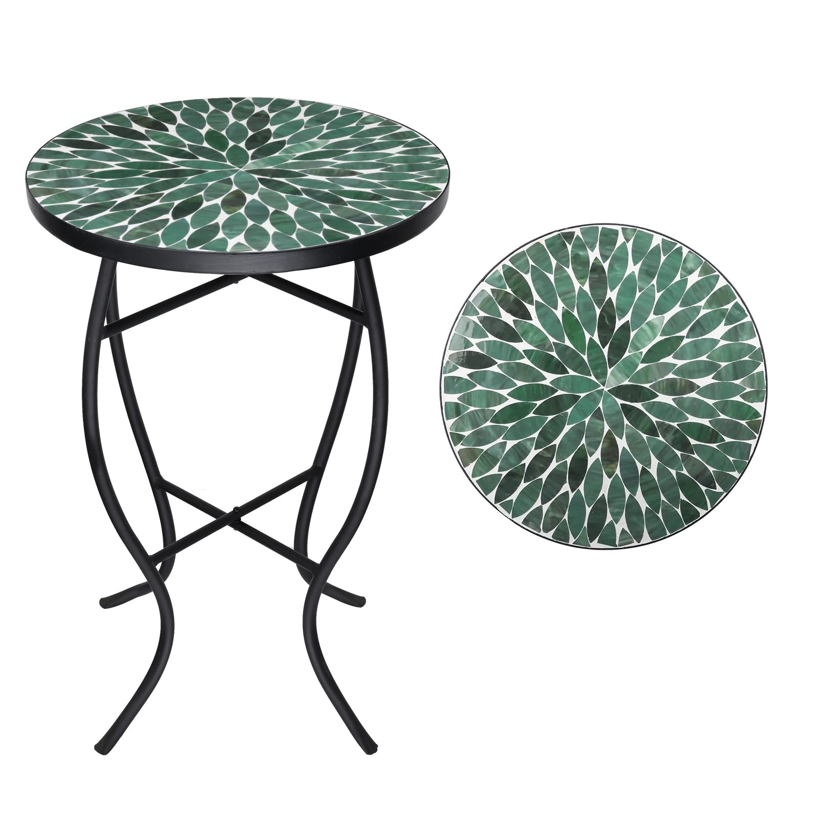 Amazon.com : VCUTEKA Mosaic Outdoor Side Table - Small Patio Table Coffee Outside Accent Tables Round End Plant Tables for Bistro Balcony Porch Outdoor Benches 14'' Green | Amazon (US)