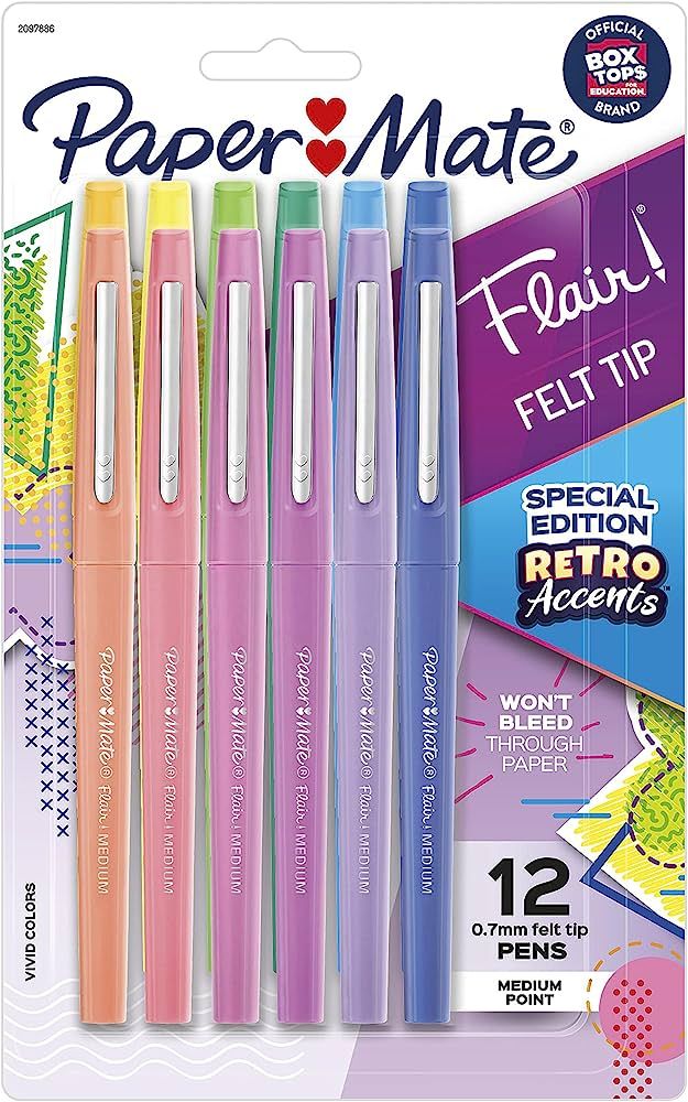 Paper Mate Flair Felt Tip Pens, Medium Point (0.7mm), Assorted, Special Edition Retro Accents, 12... | Amazon (US)