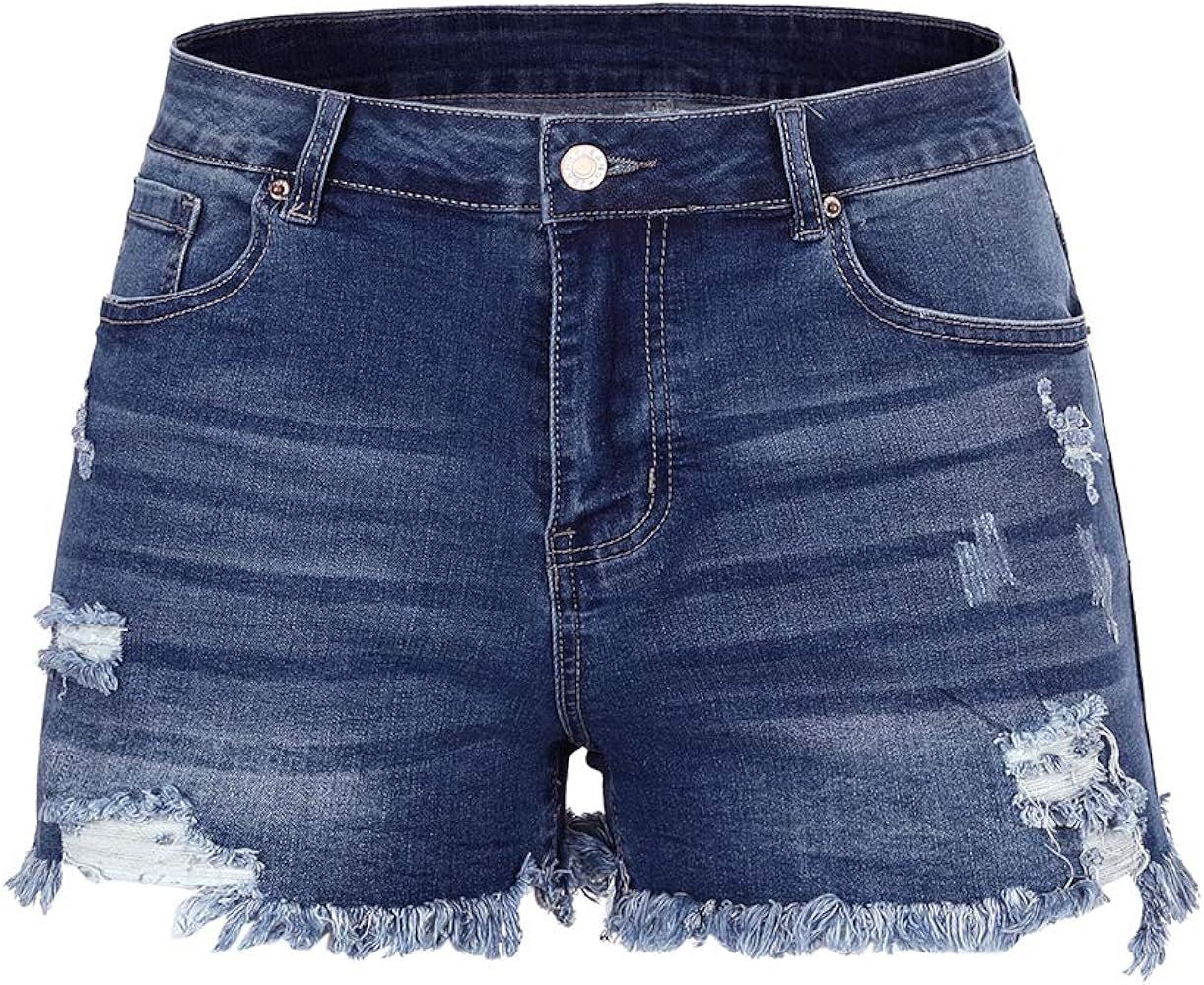 THUNDER STAR - Shorts de jean elásticos, rasgados y de tiro medio para mujer, con dobladillo des... | Amazon (US)