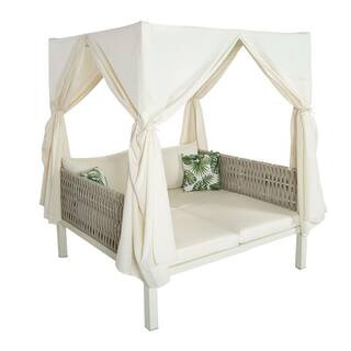 Metal Outdoor Day Bed with Beige Cushions, Patio Sunbed with Curtains for Garden, Poolside and Backyard | The Home Depot