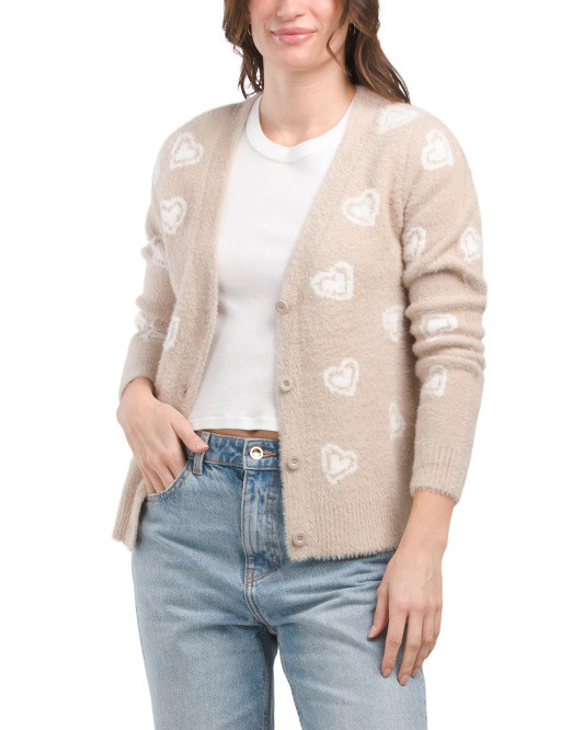 Long Sleeve Eyelash Heart With Three-quarter Button Cardigan Sweater | TJ Maxx