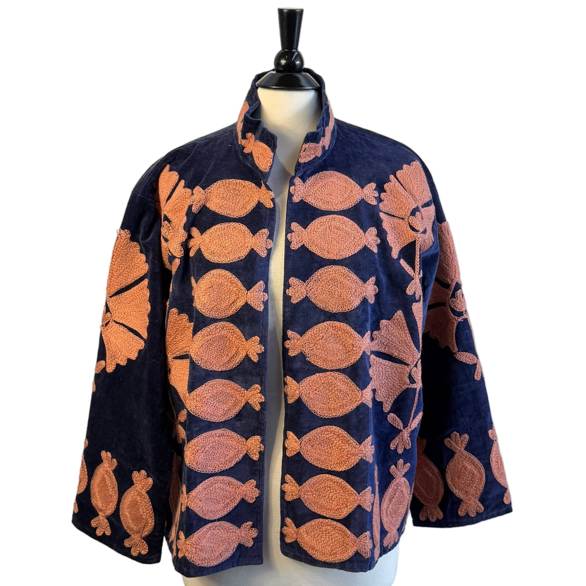 Embroidered Velvet Jacket Navy + Coral | INK+ALLOY