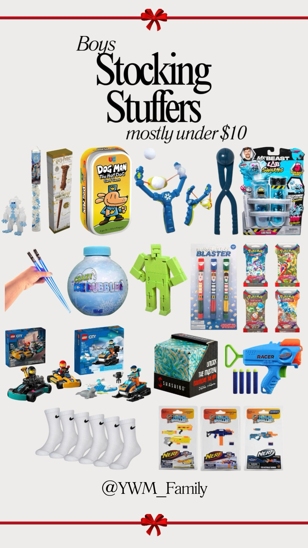 🎄 Boys Stocking Stuffers: Mostly Under $10 🎁

Dog Man Hot Dog Card Game – Fun card game in a collectible tin. #CardGames #DogManFun

Snowball Slingshot 2-Pack – Perfect for epic snowball battles! #WinterFun #SnowPlay

Round Snowball Maker – Quick and easy snowball-making tool. #SnowDay #OutdoorFun

Crazy Ice Bubbles – Create icy bubbles for a frosty adventure. #WinterMagic #CreativePlay

Cubebot Micro – Pocket-sized wooden robot puzzle toy. #BrainTeasers #CubebotFun

Nike Dri-FIT Socks (6-Pack) – Performance socks to keep kids comfortable on the go. #ActiveKids #StockingEssential

Lightsaber Chopsticks – LED glowing Star Wars-inspired fun for mealtime. #StarWarsLove #CoolGear

Harry Potter Chocolate Wand – Magical chocolate treat for wizarding fans. #HarryPotterMagic #SweetSurprise

SHASHIBO Shape Shifting Box – Mesmerizing magnetic fidget toy for hours of fun. #CreativePlay #FidgetToys

NERF Junior Racer Dart Blaster – Easy-to-use Nerf fun for younger kids. #NERFPlay #DartBlaster

LEGO City Go-Karts Set – Mini racers for imaginative play. #LEGOFun #StockingStuffers

PLUS PLUS Yeti Building Set – Create a mini Yeti with this construction toy. #BuildAndPlay #PLUSPLUS

LEGO Arctic Snowmobile Set – Explore the Arctic with this mini building set. #LEGOAdventure #CreativeBuilding

Schylling Retro Paratrooper – Classic toy for fun parachute play. #RetroToys #OutdoorFun

Marshmallow Dart Blaster – Sweet fun with marshmallow launchers! #MarshmallowFun #DartPlay

Pokémon Trading Cards – Collectible cards for Pokémon fans. 
#PokemonTrading #CatchEmAll

World’s Smallest Nerf Blasters – Mini Nerf blasters for pocket-sized action. #NERFAdventure #TinyToys

MrBeast Lab Swarms Pack – Cool collectibles inspired by MrBeast. #MrBeastFans #UniqueToys

Perfect for tiny surprises that pack a big punch! 🌟✨ #BoysStockingStuffers #HolidayFun

#LTKGiftGuide #LTKKids #LTKCyberWeek