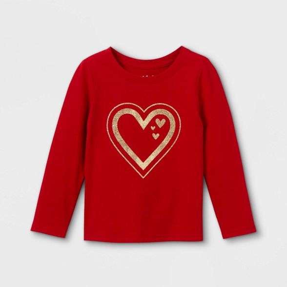 Toddler Girls&#39; Glitter Heart Long Sleeve Graphic T-Shirt - Cat &#38; Jack&#8482; Dark Red 4T | Target