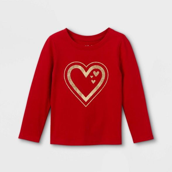 Toddler Girls' Glitter Heart Long Sleeve Graphic T-Shirt - Cat & Jack™ Dark Red | Target