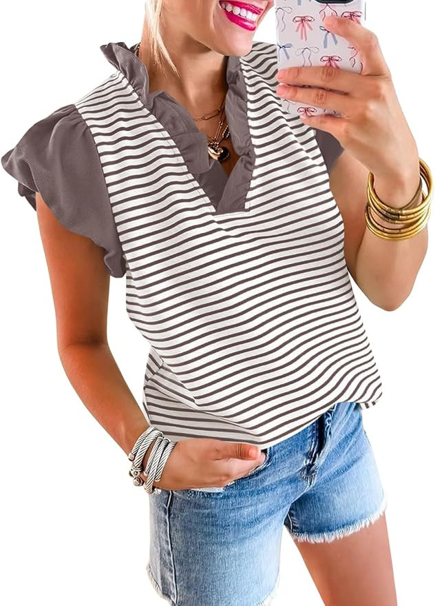 Tankaneo Womens Ruffle Cap Sleeve Tank Tops Summer Casual Cute Color Block Striped Tshirts Pleate... | Amazon (US)