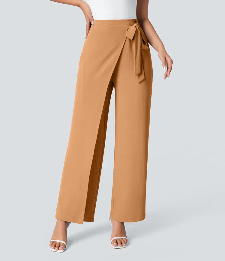 Women’s High Waisted Tie Side Wide Leg Work Pants - Halara | HALARA