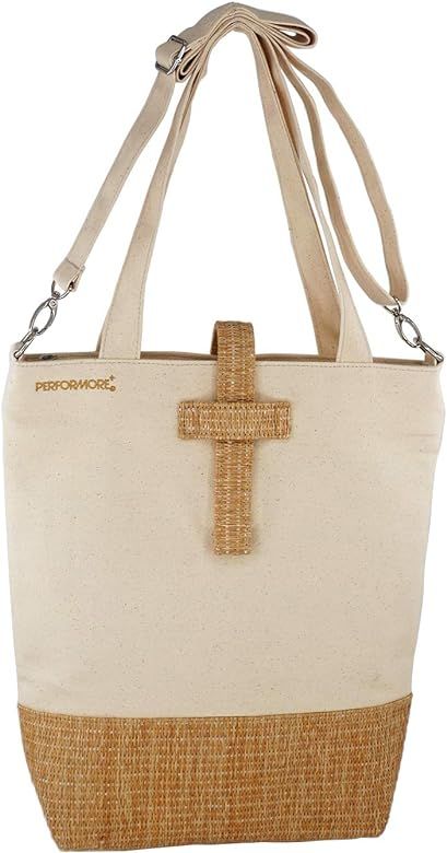 Canvas and Rattan Bible Bag with Two Inside Pockets Zipper, 13x13 inch Tote Style Bible Cover Cas... | Amazon (US)