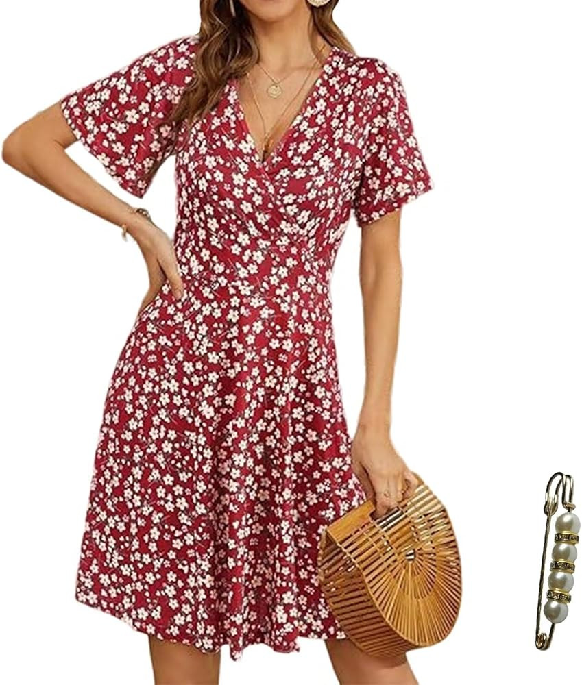 Womens Sundress Wrap V Neck Short Sleeve 2025 Summer Casual Floral High Waist A Line Midi Dress | Amazon (US)