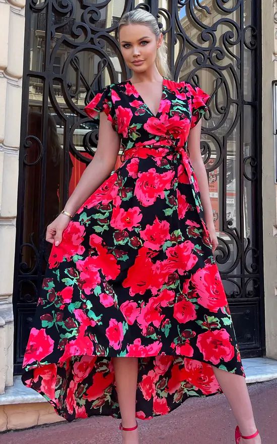 Red Floral Print Short Sleeve Belted Wrap Midi Dress | AX Paris | SilkFred | SilkFred