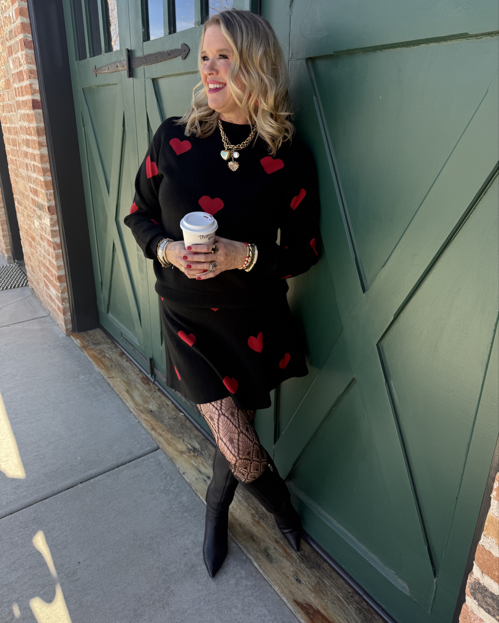 Valentine’s DayOutfit Inspo
Several item on SAlE or I have a code

⚠️ Arrives before Valentine’s Day.

Amazon Finds mixed with some Brand favorites❤️🖤❤️🖤
Fits tts med

Heart light weight knit sweater 
And matching  separate Aline mini skirt🖤❤️
Tts in a med

Frankie 4 tall leather kitten heel boots real leather and so comfy fits tts 

Spanx red puffer vest on sale 
One of my favorite layering pieces. Fits tts in a med 

Items not on sale use code: Deardarcyxspanx for 15% off 

Allie and Bess gold puff heart necklace save 20% with code DARCY20 

Lisi Lurch Beaded heart earrings  (old) 

Amazon find heart and charm necklace 

Amazon pack of 5 textured printed  nylons tts and great quality 

#LTKootd #LTKValentine #LTKOver40