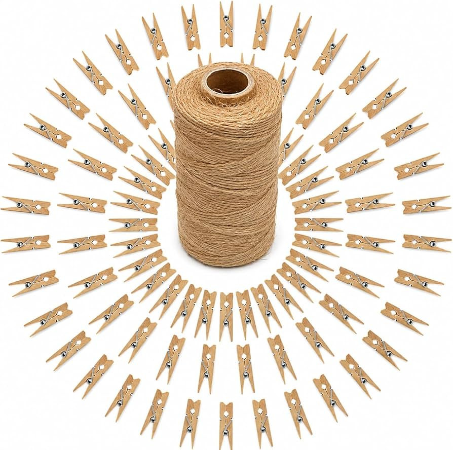 jijAcraft 100Pcs Clothespins with String, 1.4Inch Mini Wooden Clothes Pins with 328Ft Jute Twine,... | Amazon (US)