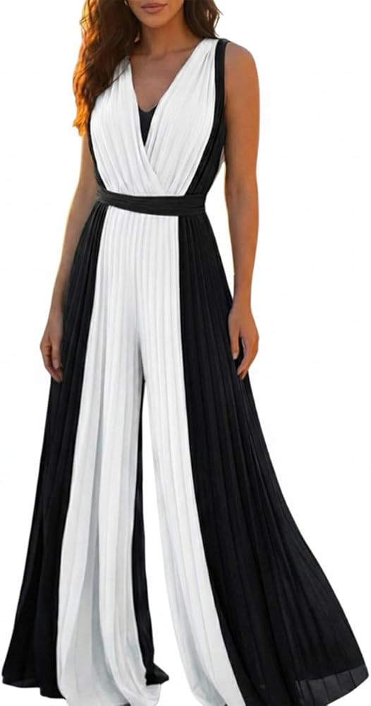 CHICME Women's Sleeveless Color-Blocked Jumpsuit Casual Plunge V Neck Waist Tied Detail Pleated R... | Amazon (US)