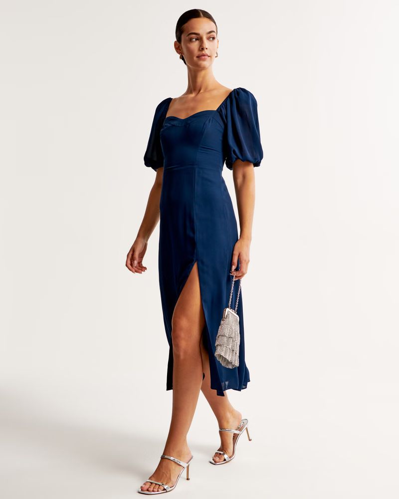 Puff Sleeve High-Slit Midi Dress | Abercrombie & Fitch (US)