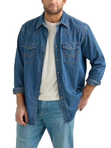 Wrangler Western Men's Denim Collection Snap Shirt, Dark Wash Denim, X-Large | Amazon (US)