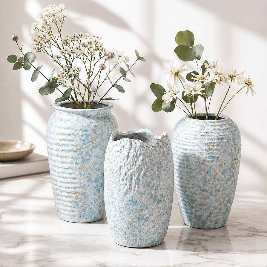 BEAHOT Ceramic Vases Set of 3 \u2013 6.7-inch Handmade Blue & White Pottery Trio with Speckled Gl... | Amazon (US)