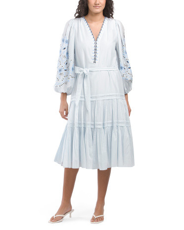 Kassie Long Sleeve Embroidered Linen Blend Dress | TJ Maxx