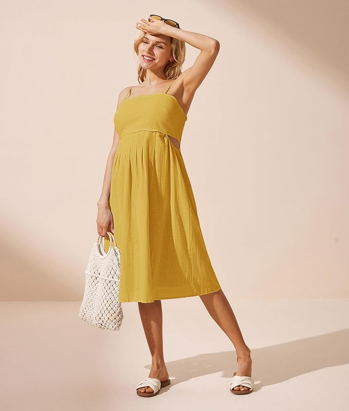 Maacie Maternity Midi Dress 2024 Spaghetti Straps Smocked Side Cutout Cotton Boho Flowy Loose A-L... | Amazon (US)