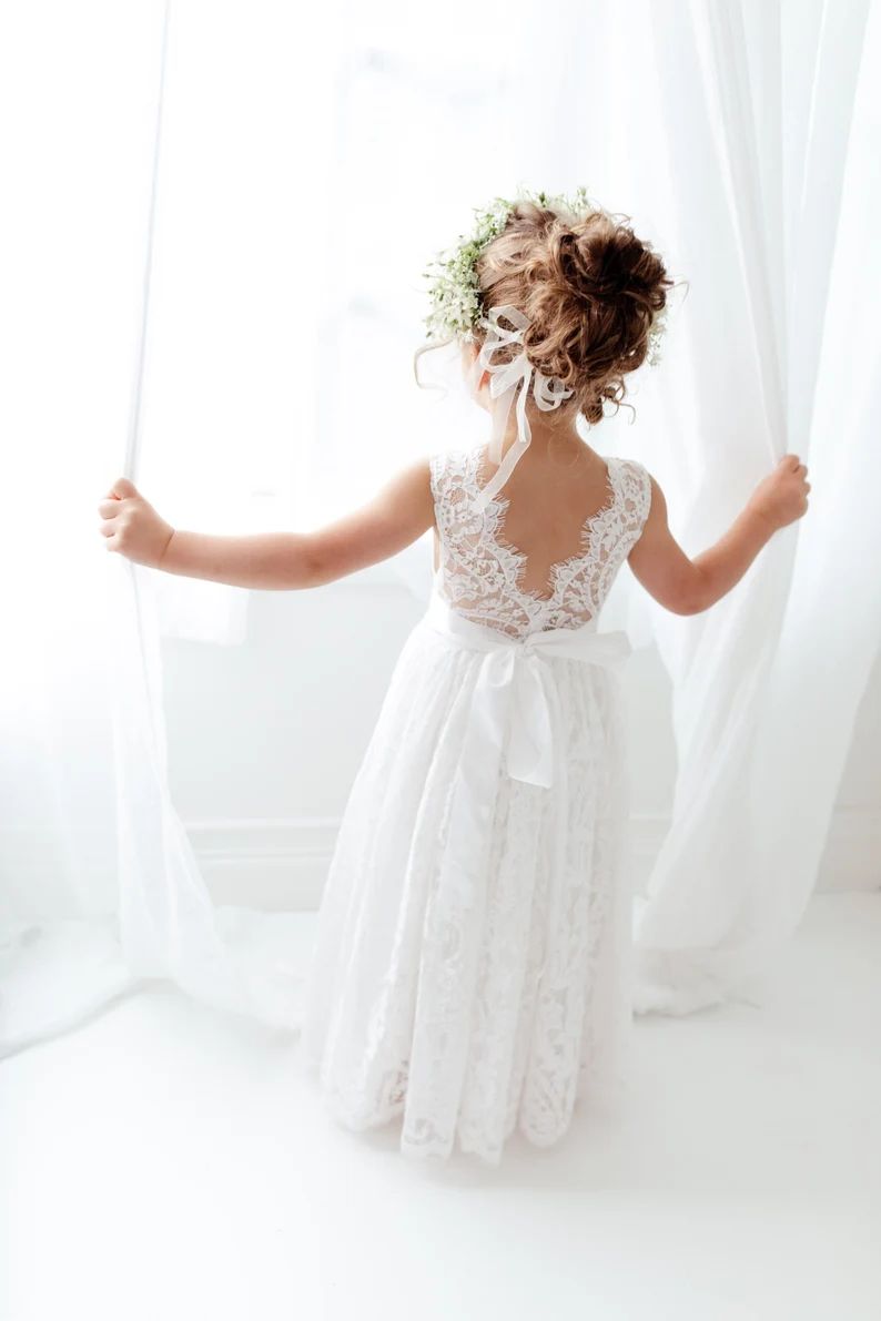 Boho Lace Flower Girl Dress Rustic White Wedding Dress Will - Etsy | Etsy (US)