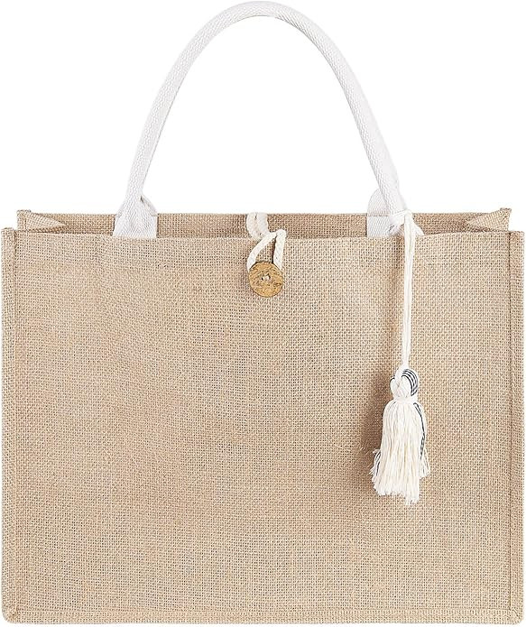 Beach Bag for Women, Straw Beach Tote Bag, Vinyl Lining Tassel Pocket, Jute Beach Bag for Vacatio... | Amazon (US)