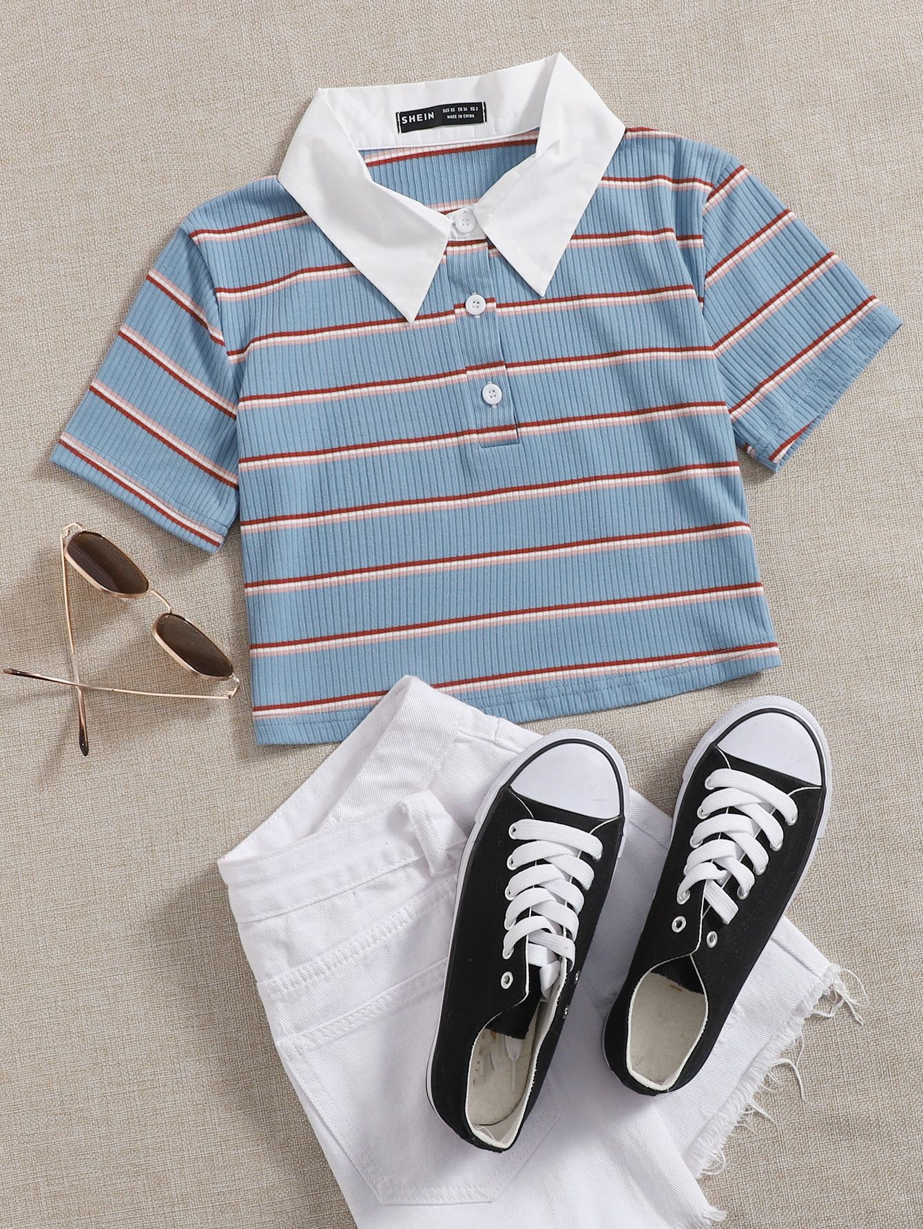 Striped Contrast Collar Polo Shirt | SHEIN