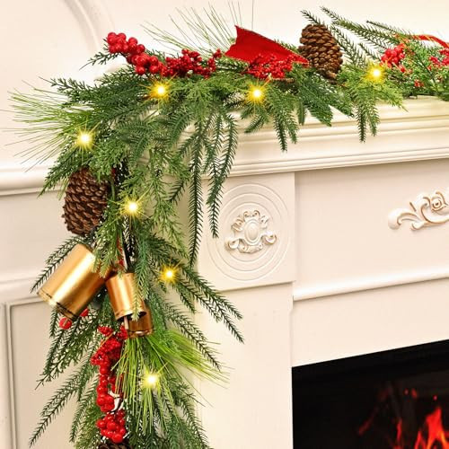 Christmas Garland Decorations - 5.9 FT Real Touch Norfolk Pine Garland, Faux Cedar Garland Artificial Realistic,Christmas Garland with Pine Cones Ribbons for Mantle Indoor Outdoor Christmas Decor | Amazon (US)