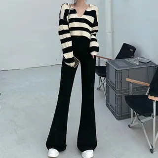 V-Neck Striped Long-Sleeve Top / High-Waist Flare Pants | YesStyle Global