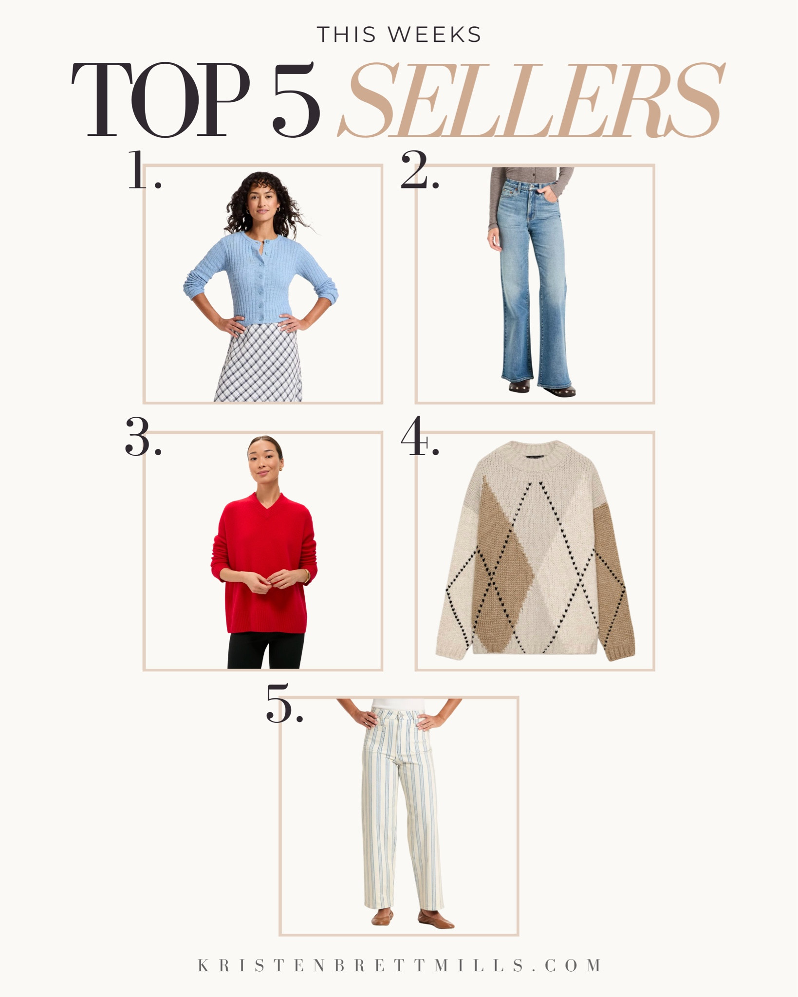 This Week’s Top 5 Sellers

Cozy sweaters
Oversized cardigans
Knit midi dresses
Plaid shackets
Wide-leg trousers
Knee-high boots
Chunky loafers
Turtlenecks
Trench coats
Quilted jackets

#LTKootd #LTKSeasonal #LTKSaleAlert