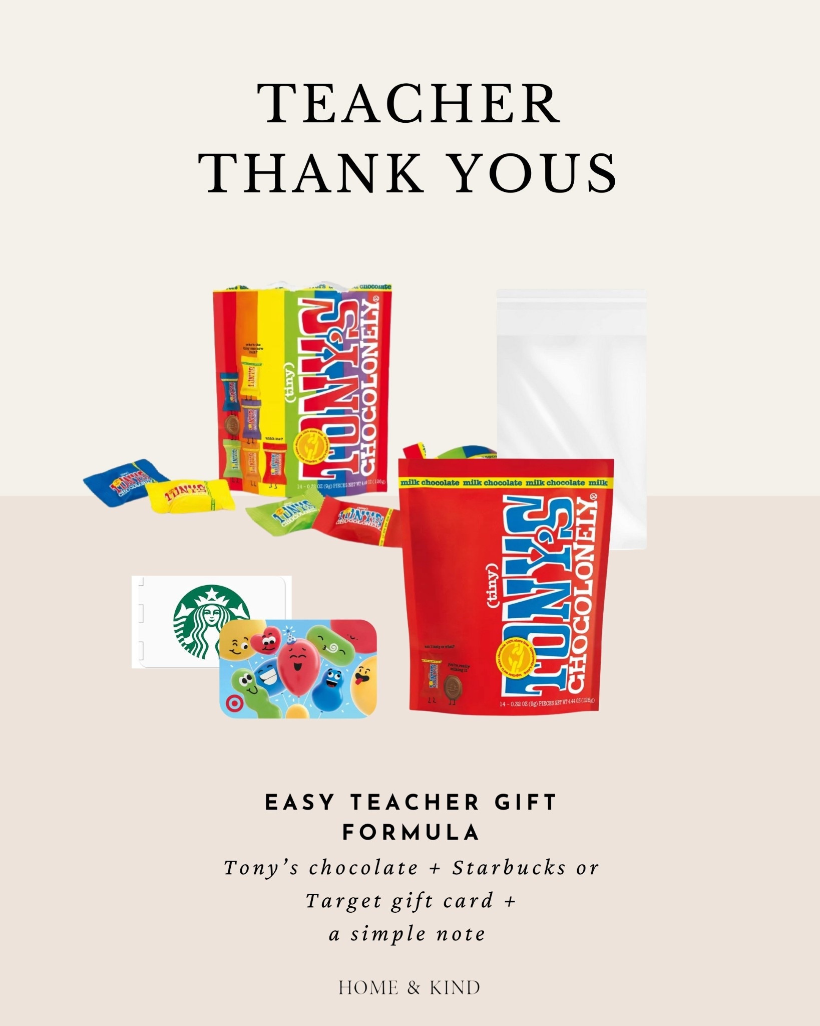Copy my easy teacher gift formula and make your life that much easier!

A 3x5 cellophane bag is perfect for a gift card and one piece of Tony’s coin chocolates & a 5x7 is perfect for a longer note and gift card attached to a variety bag of Tony’s mini chocolates. 


 #PracticalGifts #TeacherGifts #EndofYear

#LTKFamily #LTKGiftGuide #LTKKids