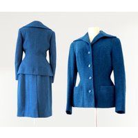Luxurious Harris Tweed 1950S Suit | Princess Jacket & Pencil Skirt Set Hand Woven Dark Blue Wool | Etsy (US)