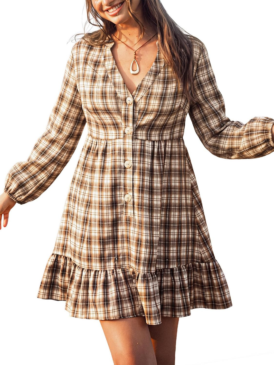 CUPSHE Women's Fall Plaid V Neck Long Sleeve Babydoll Mini Dress | Amazon (US)